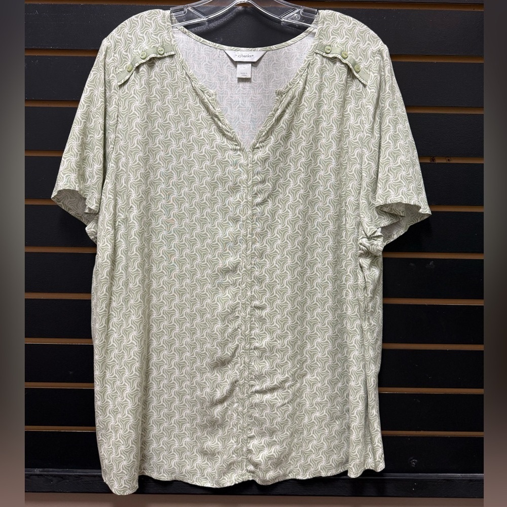 CJ Banks Green Printed V-Neck Short Sleeve Top 1X Plus Size